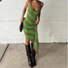 Sleeveless Striped Asymmetric Hem Sheath Midi Dress