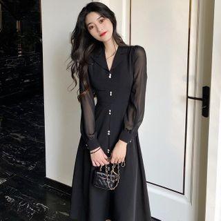 Long-sleeve Embellished Midi A-line Chiffon Dress