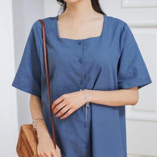 Square-neck Linen Blend Boxy Shirtdress