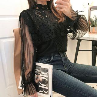 Crochet-lace Yoke Mesh Blouse
