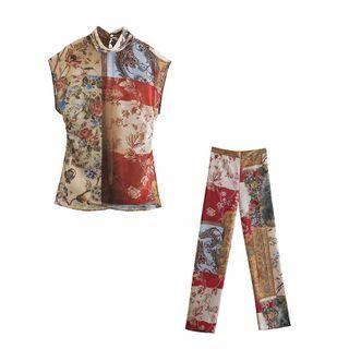 Sleeveless Print Top / Straight-leg Pants