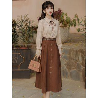 Set: Plaid Shirt + Buttoned Midi A-line Skirt