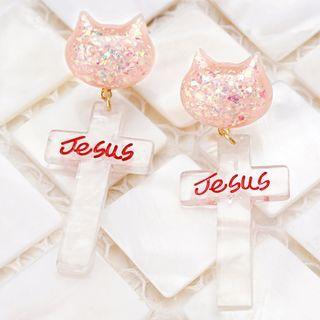 Acrylic Cat & Cross Dangle Earring
