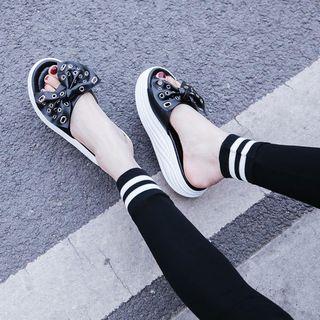 Genuine Leather Studded Ribbon Slide Sandals