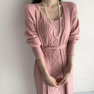 Cable-knit Cardigan / Spaghetti Strap Midi Sheath Dress