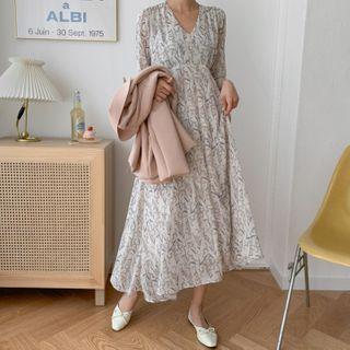 Layered Bell-cuff Floral Long Dress