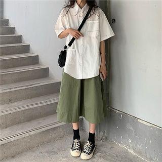 Plain Single-breasted Short-sleeve Blouse / Plain High-waist Skirt