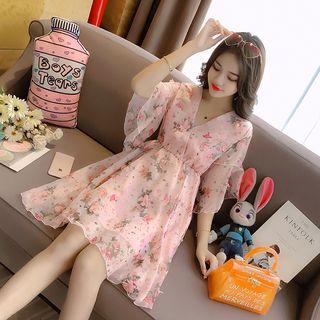 V-neck Printed Elbow-sleeve Dress