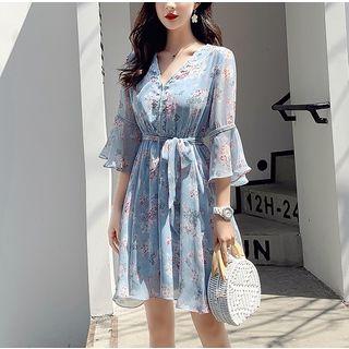 Bell-sleeve Floral Tie-waist Chiffon Mini Dress