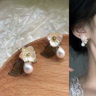 Flower Faux Pearl Dangle Earring 1 Pair - 2047a - Green - One Size
