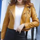 Cropped Embroidered Faux Leather Jacket