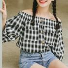 Puff-sleeve Plaid Off-shoulder Top Black - One Size