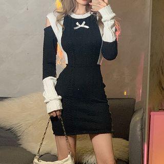 Long-sleeve Cold Shoulder Two-tone Knit Mini Bodycon Dress