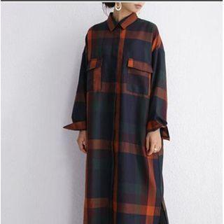 Set: Plaid Long Shirt + Wide Leg Pants Dark Blue & Orange - One Size