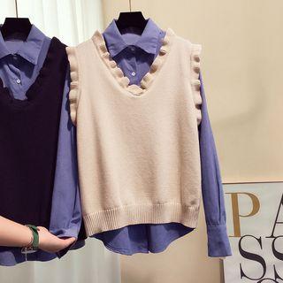 Set: Ruffle Trim Knit Vest + Long-sleeve Shirt