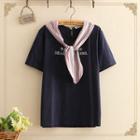 Inset Striped Scarf Short-sleeve Top