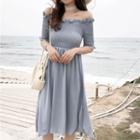 Shirred Off-shoulder Short-sleeve A-line Dress