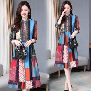 Long-sleeve Color Block Midi A-line Shirt Dress