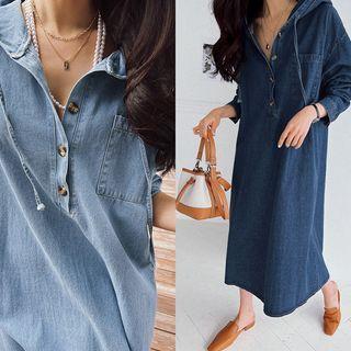 Button-detail Hooded Denim Long Dress