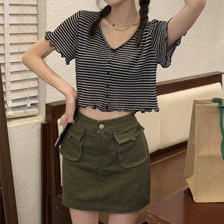 High-waist Dual-pocket A-line Mini Skirt / Short-sleeve V-neck Striped Button-up Top