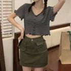 High-waist Dual-pocket A-line Mini Skirt / Short-sleeve V-neck Striped Button-up Top