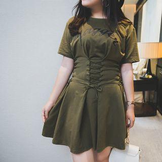 Lettering Short Sleeve Corset Detail Dress