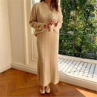 Set: Round-neck Cable-knit Top + Band-waist Mermaid Skirt Ivory - One Size