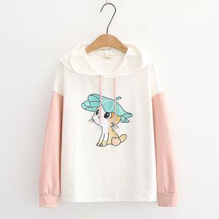 Cartoon Print Two-tone Hooded T-shirt