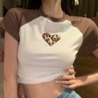 Short-sleeve Heart Print Raglan T-shirt Coffee & White - One Size