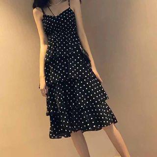 Spaghetti-strap Dotted Layered A-line Dress