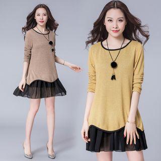 Mock Two-piece Long-sleeve Mesh Hem Mini Knit Dress