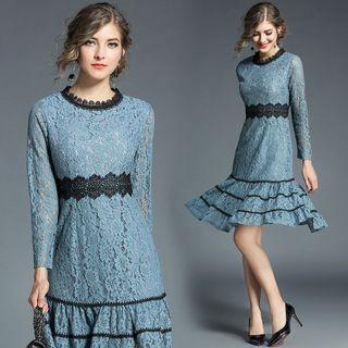 Long-sleeved Color-block Crewneck Slim Lace Dress