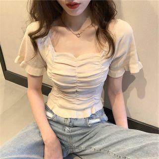 Short-sleeve Shirred Ruffled Knit Top