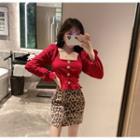 Flared-cuff Square-neck Blouse / Leopard Print A-line Skirt