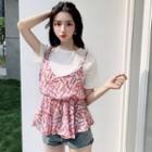 Mock Two Piece Patterned Panel Short Sleeve T-shirt
