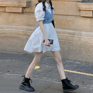 Puff-sleeve Mini Shirtdress / Denim Cropped Camisole Top