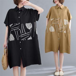 Elbow-sleeve Print A-line Shirtdress