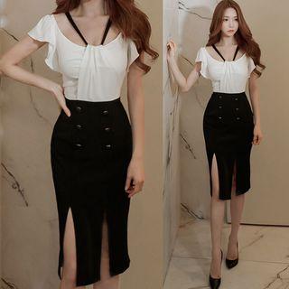 Color Panel Short Sleeve Slit Hem Midi Dress