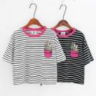 Cactus Embroidered Striped Short Sleeve T-shirt