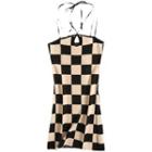 Spaghetti Strap Halter Checkerboard Knit Mini Sheath Dress