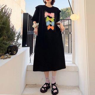 Elbow-sleeve Ribbon Print Midi T-shirt Dress