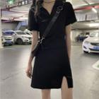 Short-sleeve Side-slit Mini A-line Dress Black - One Size