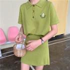 Avocado Embroidered Collared Short-sleeve Knit Top / High Waist A-line Skirt