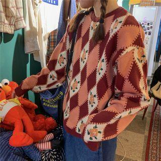 Retro Argyle Oversize Sweater As Shown In Figure - One Size
