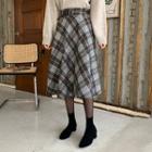 Band-waist Plaid Flared Skirt With Belt Brown - One Size
