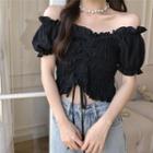 Cropped Off-shoulder Ruffle Trim Ruched Drawstring Top