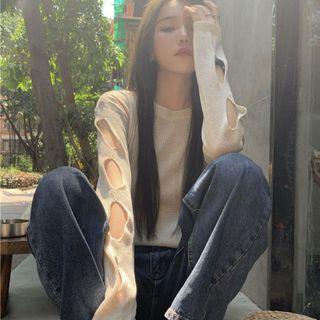 Long-sleeve Cutout Knit Top Almond - One Size