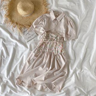 Elbow-sleeve Crop Shirt / Spaghetti-strap Midi A-line Dress / Set