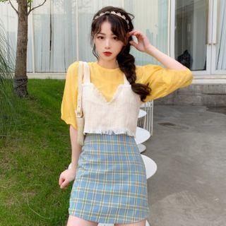Elbow-sleeve T-shirt / Sleeveless Top / Plaid Mini Skirt