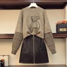 Bear Sweatshirt / Faux Leather A-line Skirt